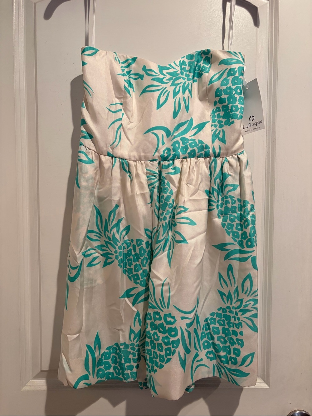 LaRoque Strapless White & Teal Floral Dress